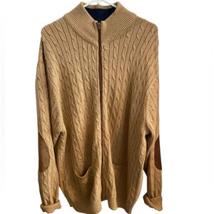 paul Fredrick tan cable knit elbow patch eclectic grandpa cotton zip cardigan
